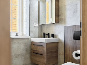 A modern bathroom with a white sink, wooden cabinet, and a mirror above. - George 01 by Interhome (Kovářská)