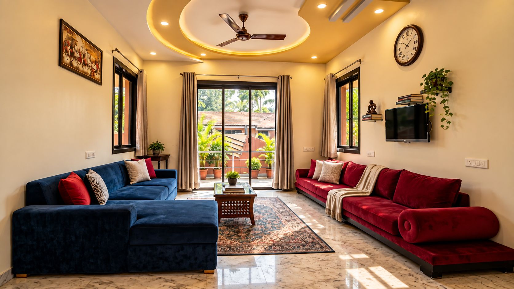 A living room with two sofas, a ceiling fan, a TV, and a large window with curtains.