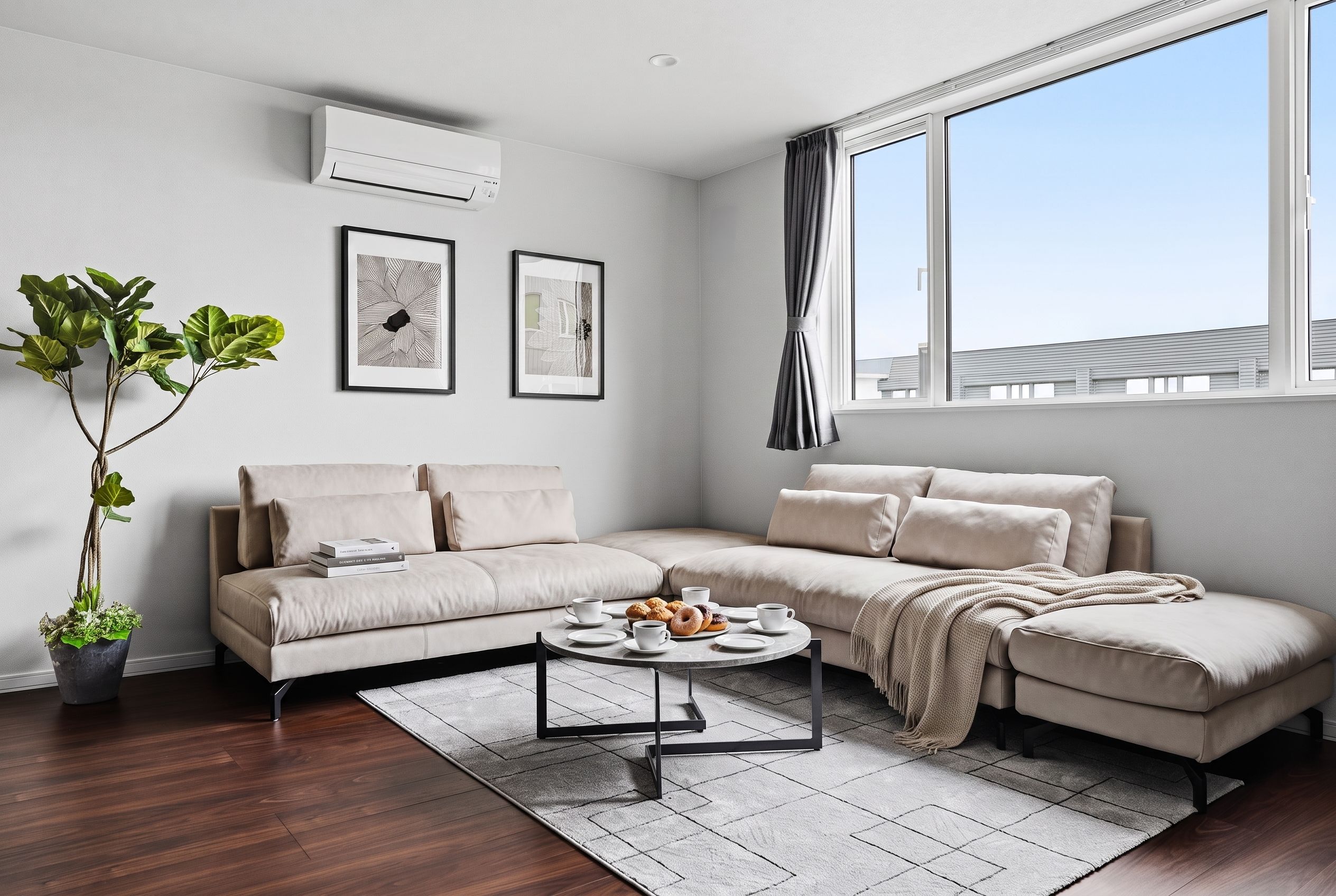 A modern living room with a sofa, a coffee table, and a large window.