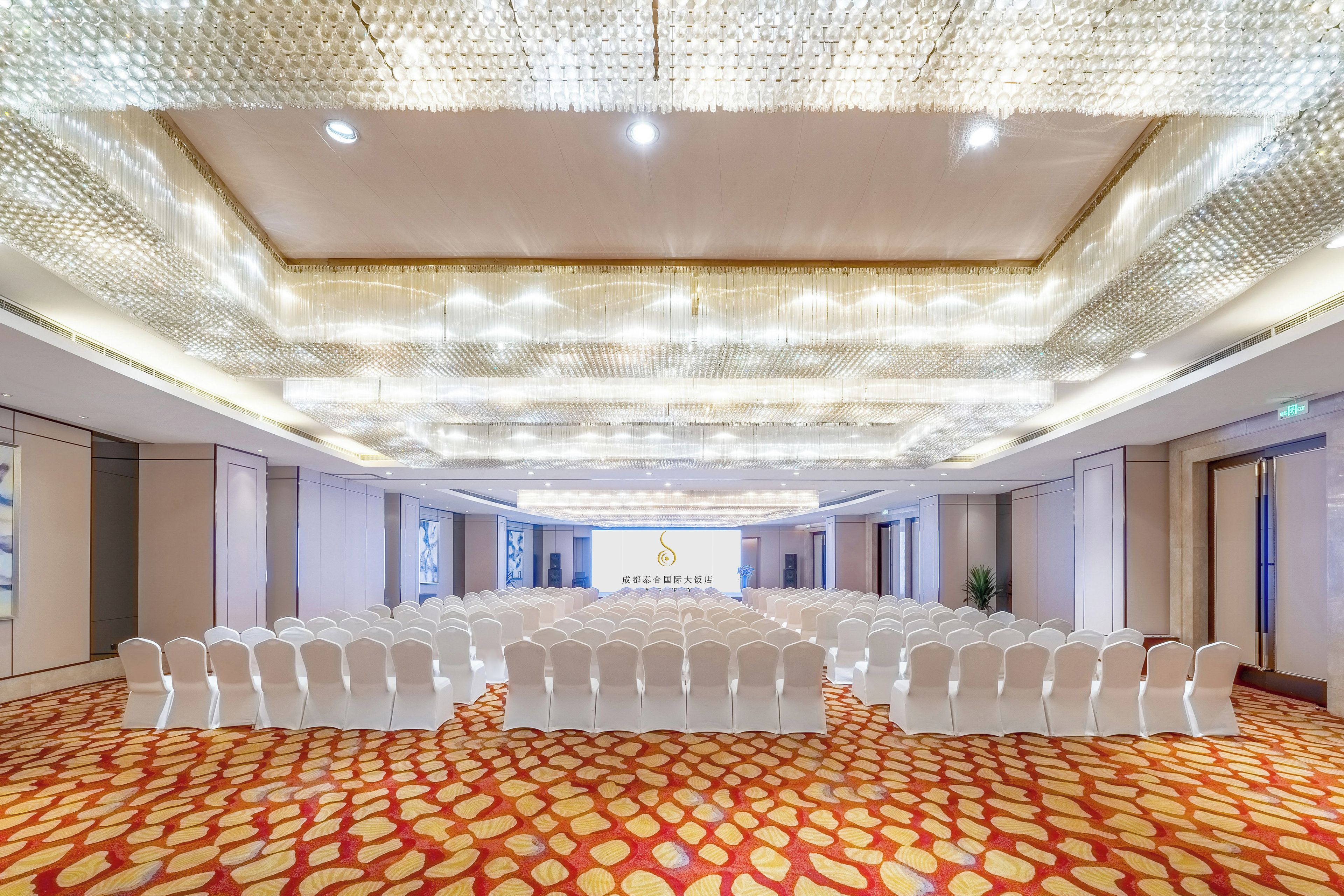 Un salón de conferencias con filas de sillas blancas, una alfombra estampada y un techo con un aplique decorativo.