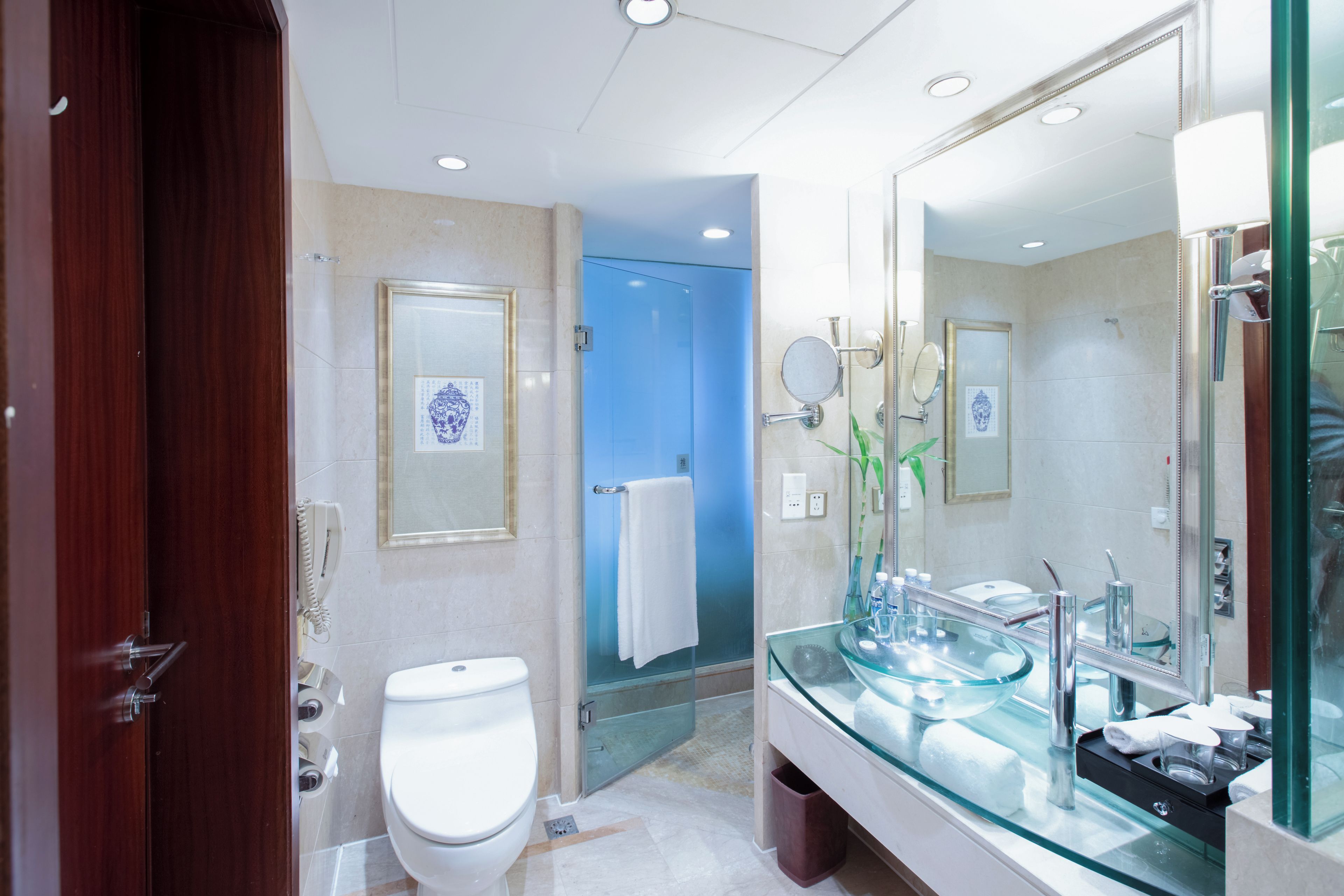 A modern bathroom with a glass sink, a toilet, and a shower area.