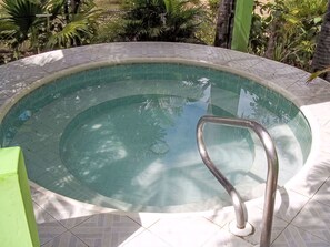 Piscina com escada de metal, cercada por piso cerâmico e plantas tropicais.