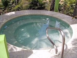 A swimming pool with a metal ladder, surrounded by tiled flooring and tropical plants. - Apartment F24 by Interhome (Negril)