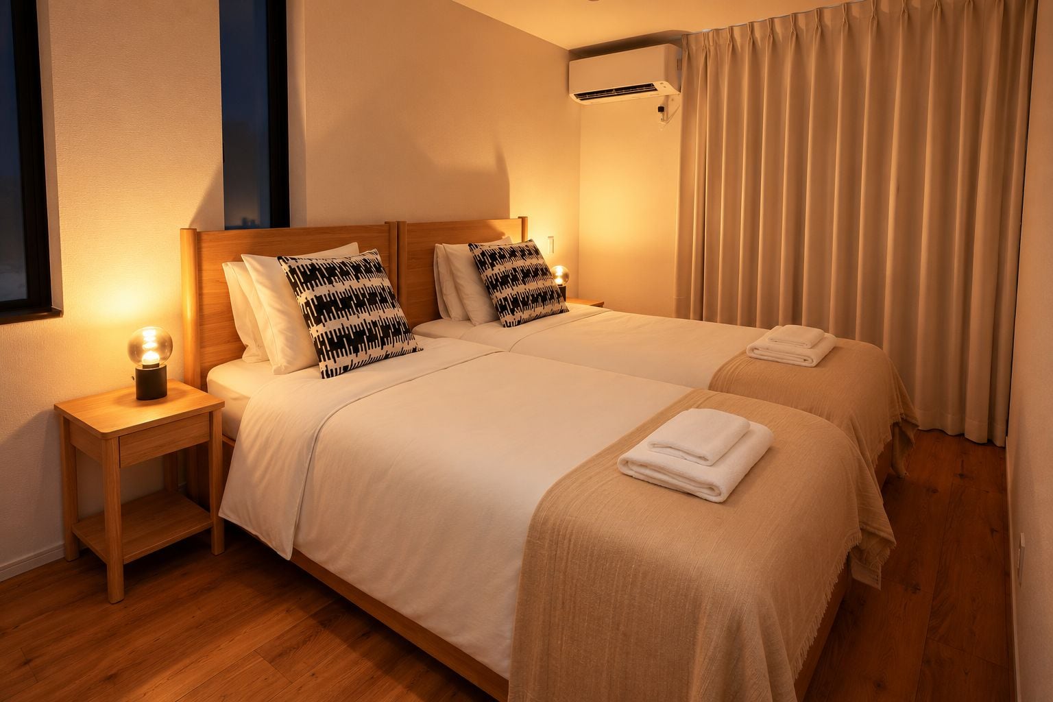 Une chambre d’hôtel avec deux lits, une table de chevet avec une lampe, une fenêtre et un appareil de climatisation.