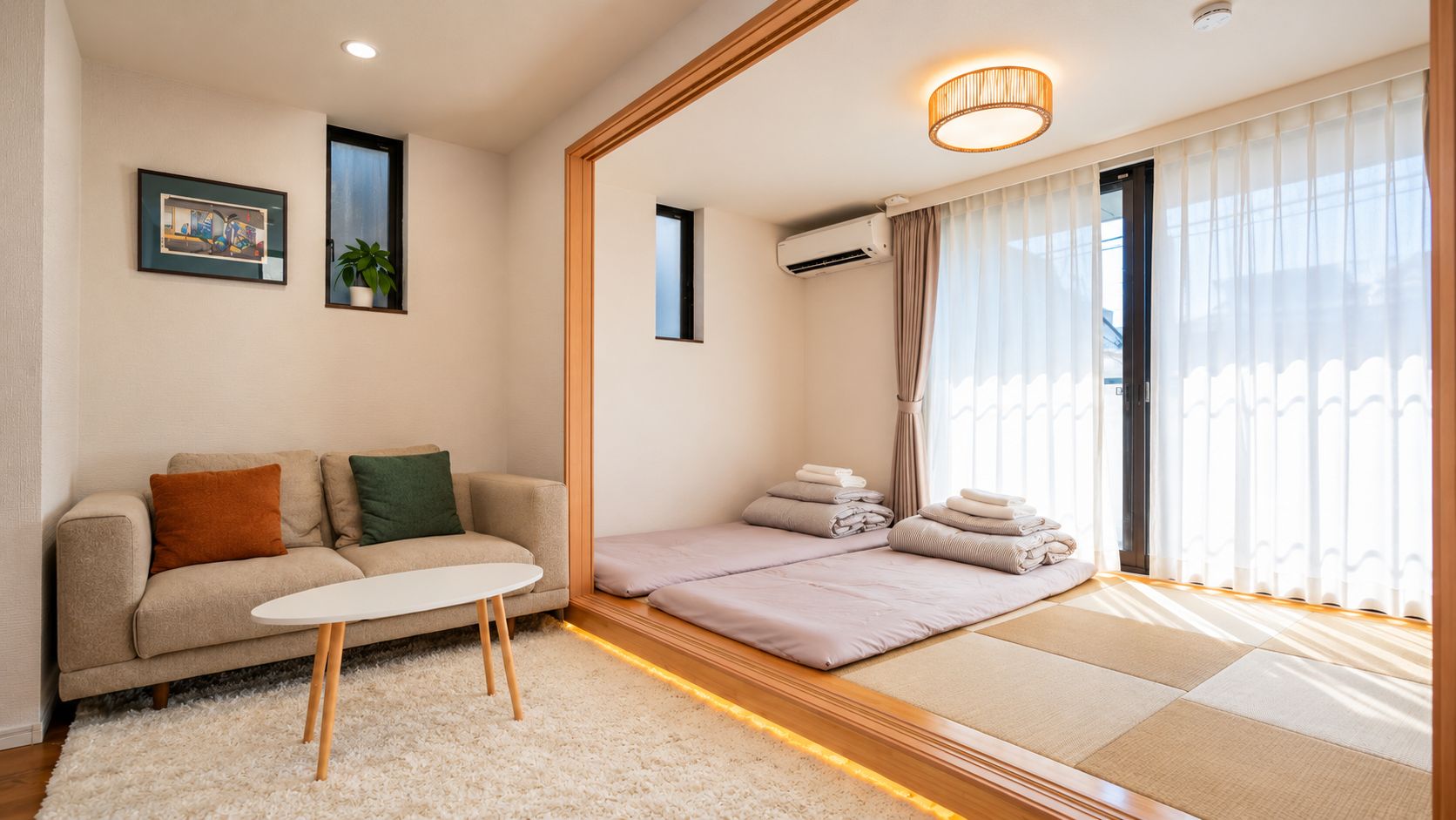 A modern hotel room with a sofa, a small table, a bed with a mattress and pillows, a window with curtains, and an air conditioning unit.