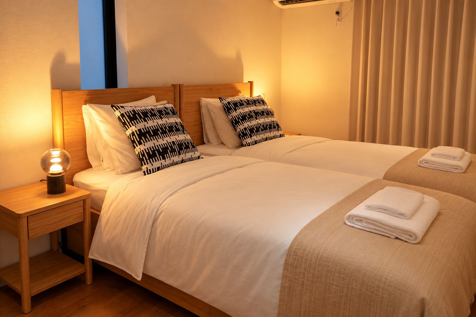 Une chambre d’hôtel avec deux lits, une table de chevet, une lampe et une fenêtre avec des stores.
