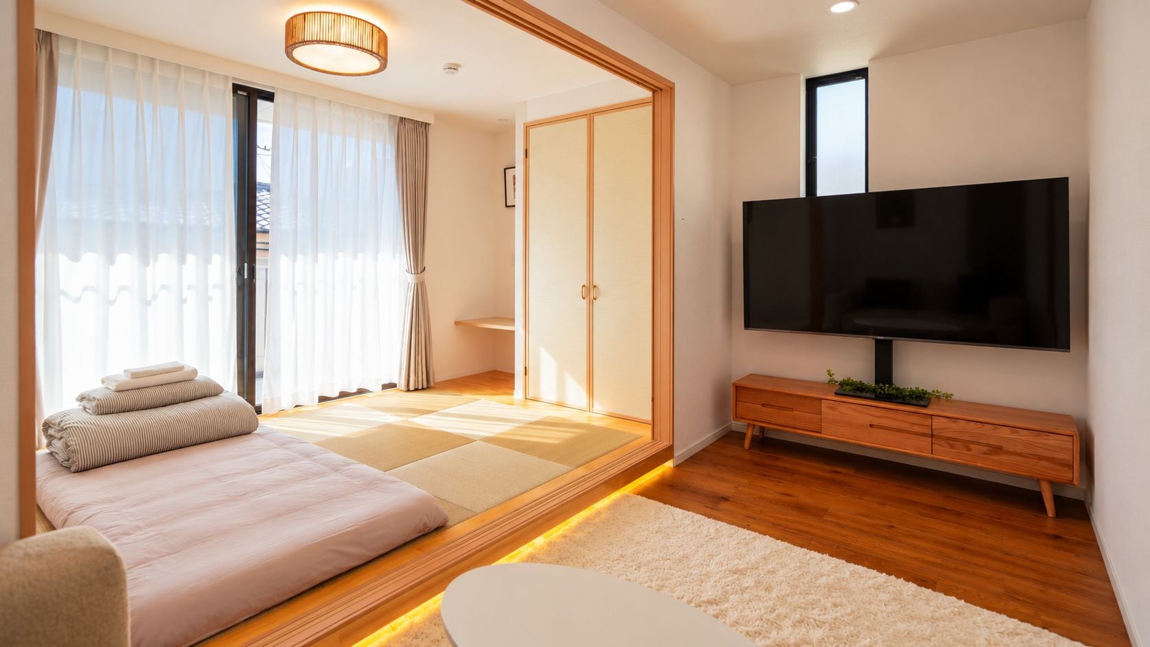 A modern bedroom with a bed, a TV, a wooden dresser, and a sliding door leading to a balcony.