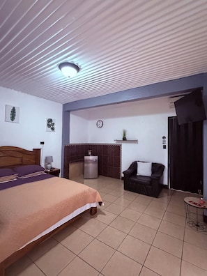 A hotel room with a bed, a small kitchenette, a seating area, and a TV.