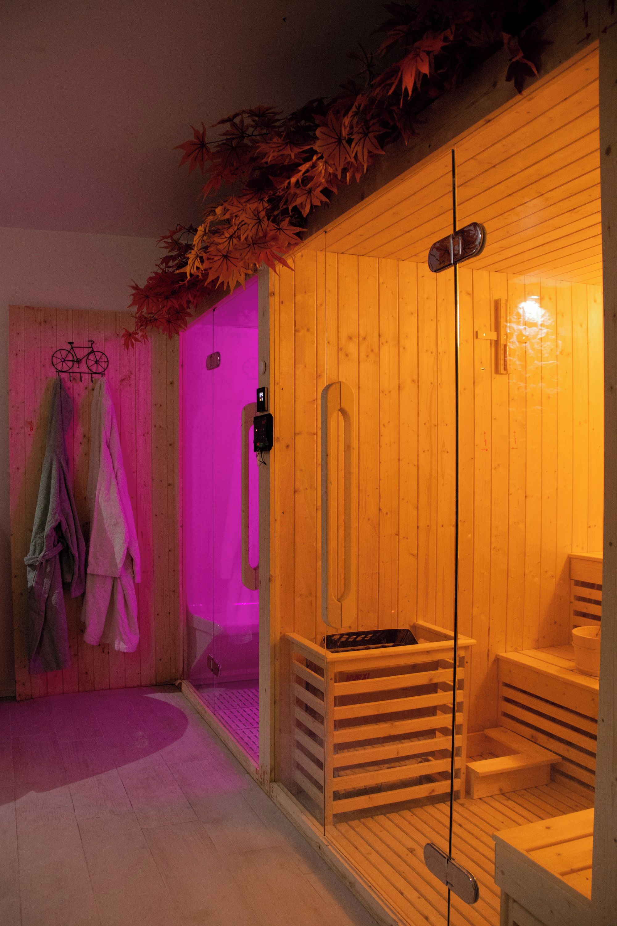 Un cuarto de sauna con paredes y bancos de madera, una puerta de cristal y un soporte para bicicletas.