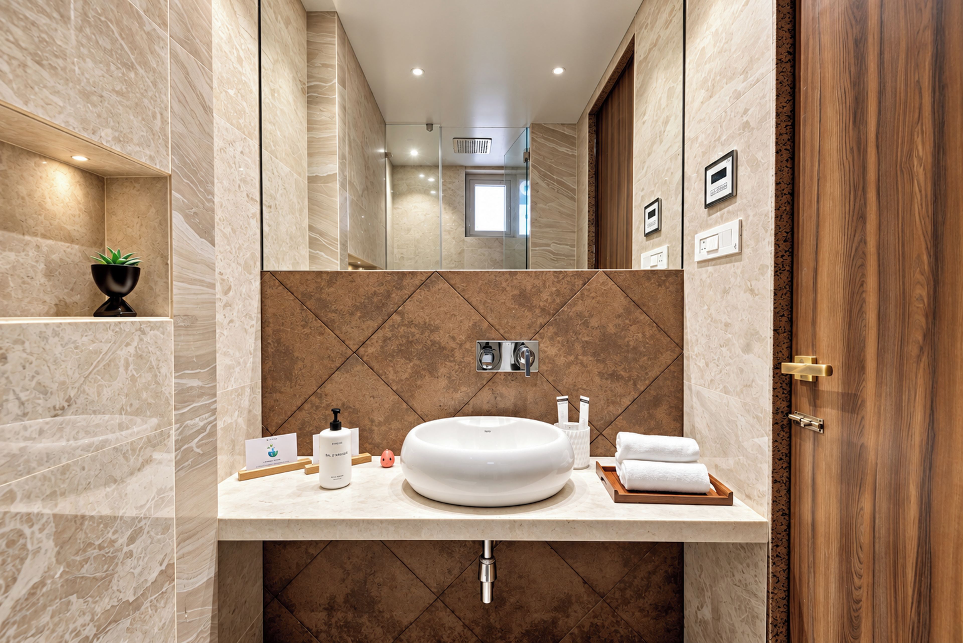 A modern bathroom with a large mirror, a round sink, and a wooden vanity.
