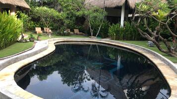 A swimming pool with a tiled edge, surrounded by lush greenery and thatched-roof structures.