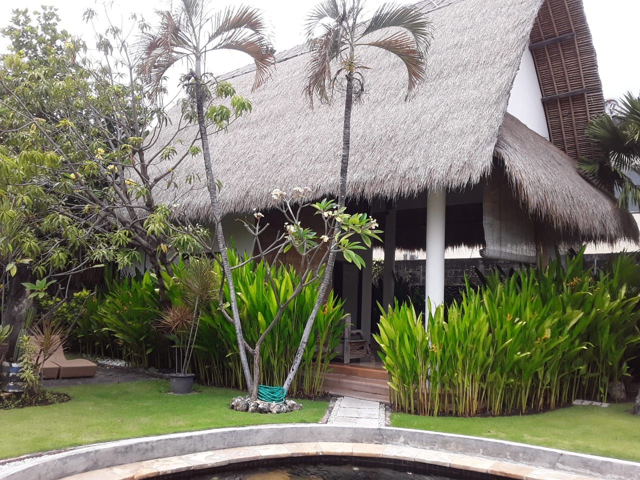 A thatched-roof structure with a pathway leading to it, surrounded by lush greenery and a small water feature.