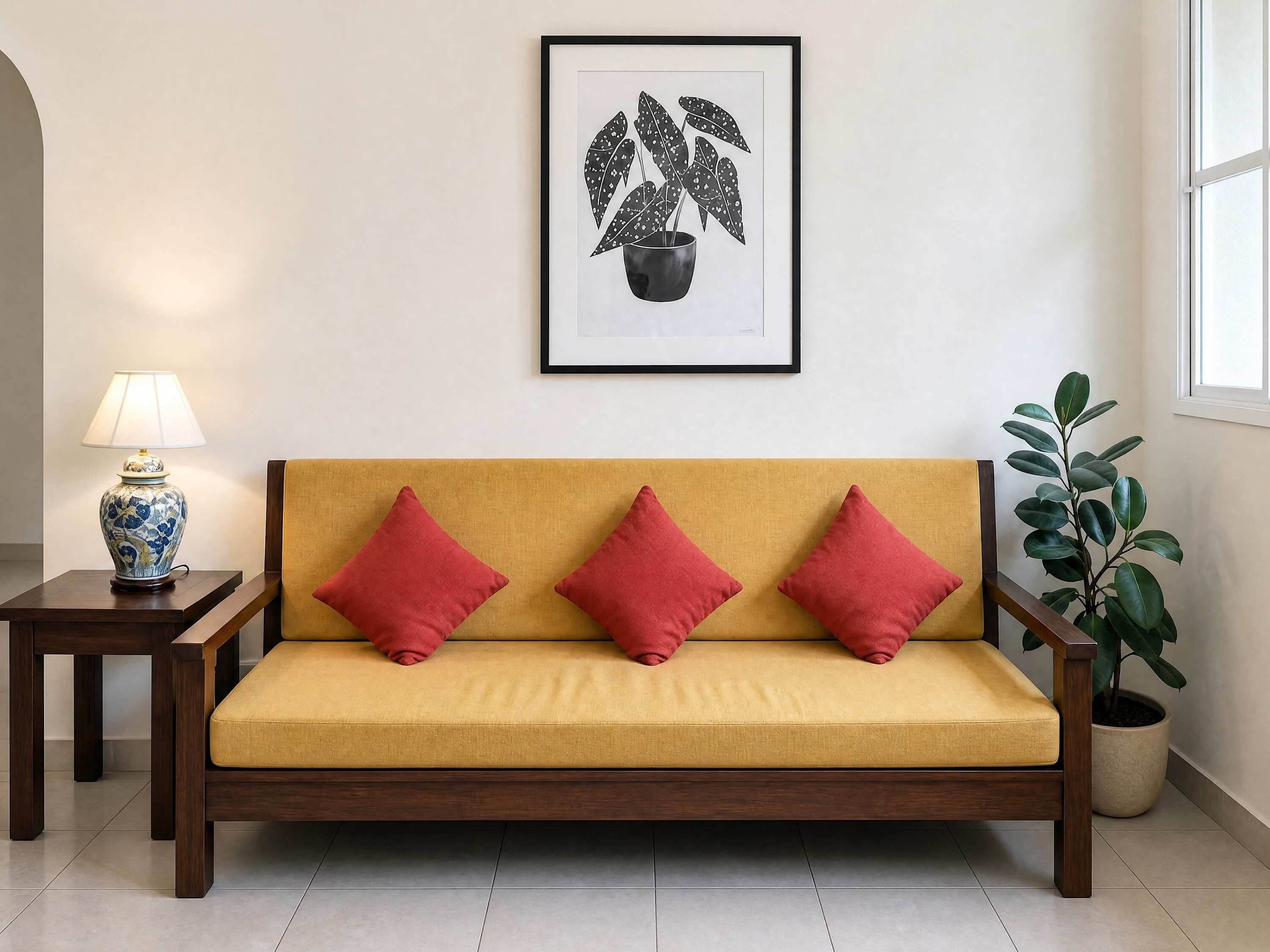 A yellow sofa with red cushions, a framed plant, a lamp, and a potted plant.