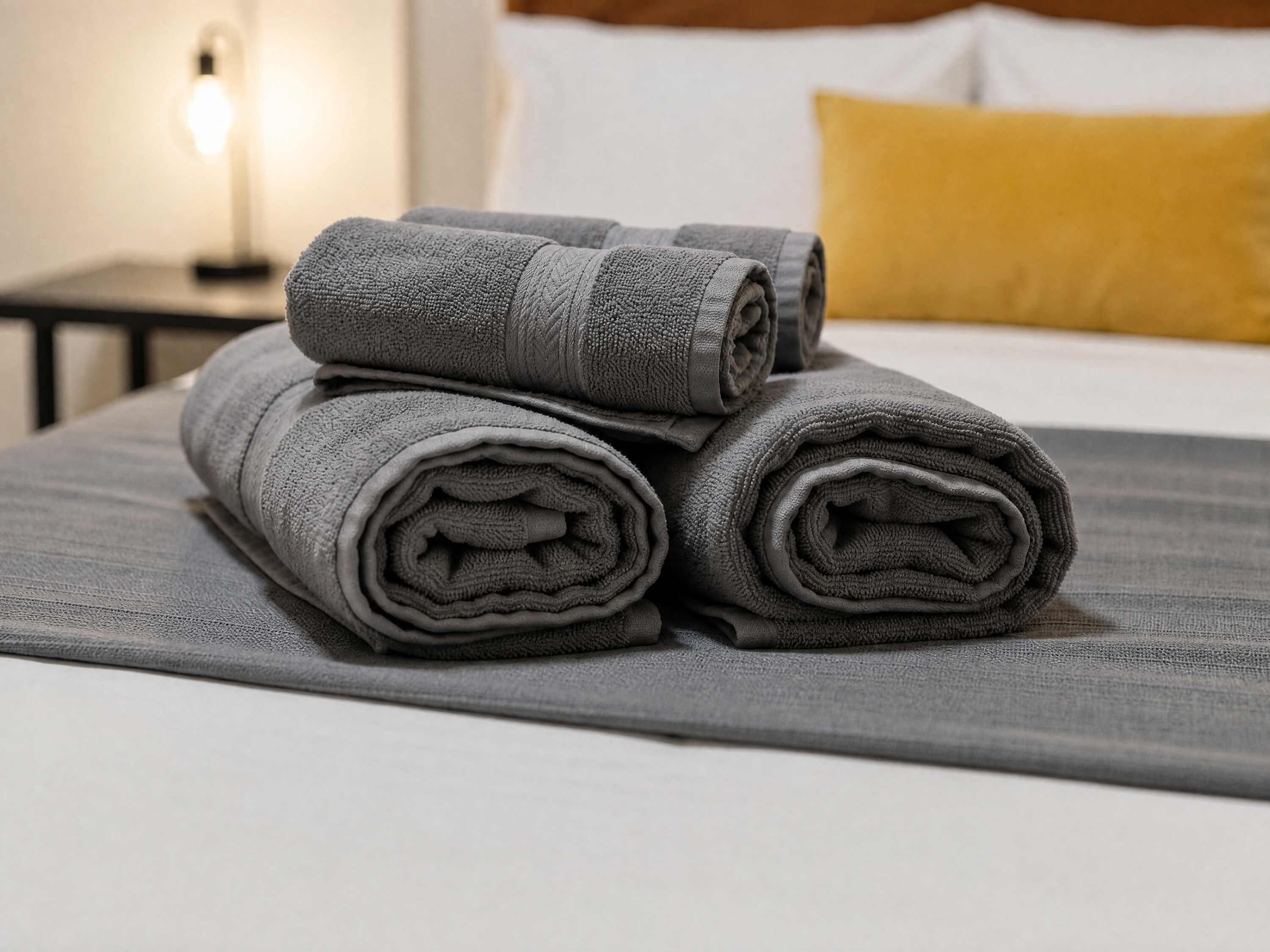 A neatly made bed with a grey bedspread and rolled grey towels.