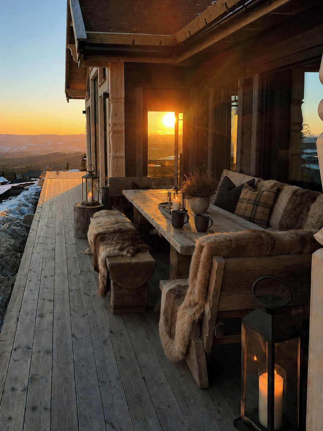 Una terraza de madera con un sofá y bancos, una mesa con velas, y vista al atardecer.