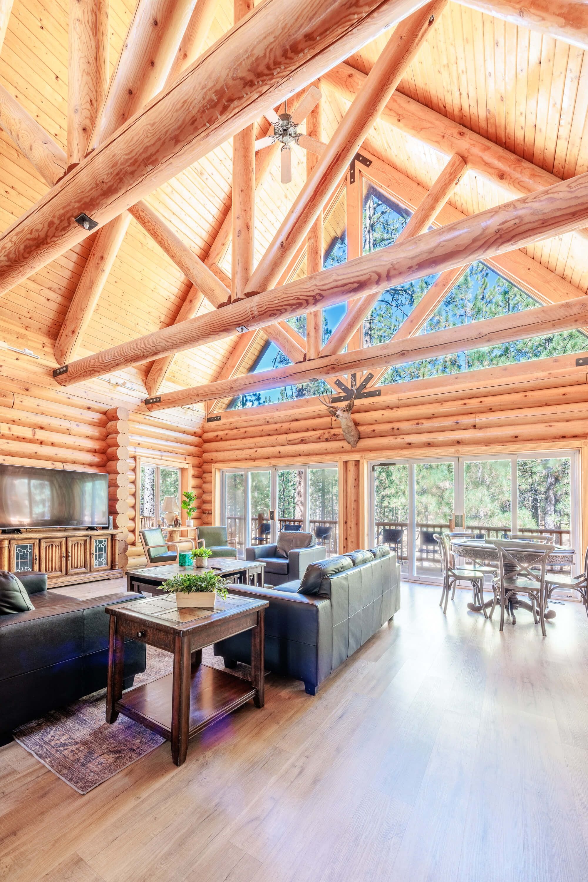 Un intérieur spacieux de chalet en bois, avec un plafond haut, de grandes fenêtres et un coin salon confortable.