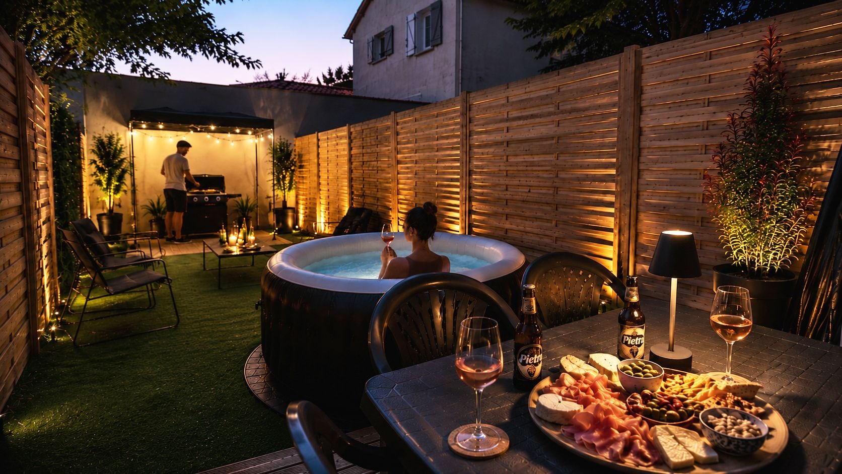 Eine Terrasse im Freien mit Whirlpool, Esstisch gedeckt mit Speisen und Getränken, und eine Person, die im Hintergrund entspannt.