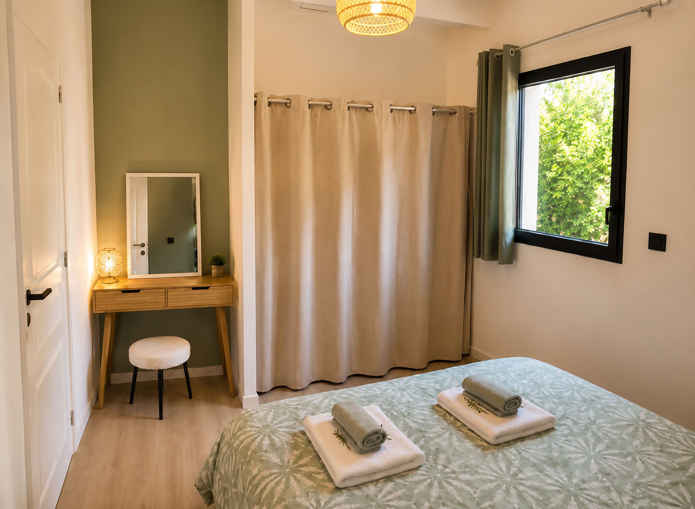 Ein Schlafzimmer mit einem Bett, einem Nachttisch, einem Spiegel, einem Fenster mit Vorhängen und einer Tür.