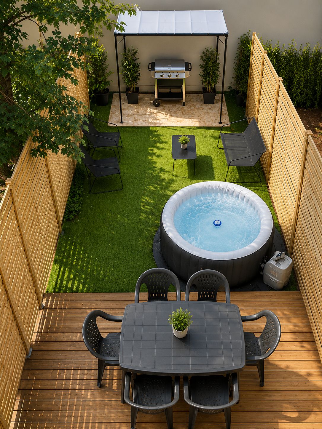 Een achtertuin met een jacuzzi, een barbecue en een eethoek met stoelen en een tafel.
