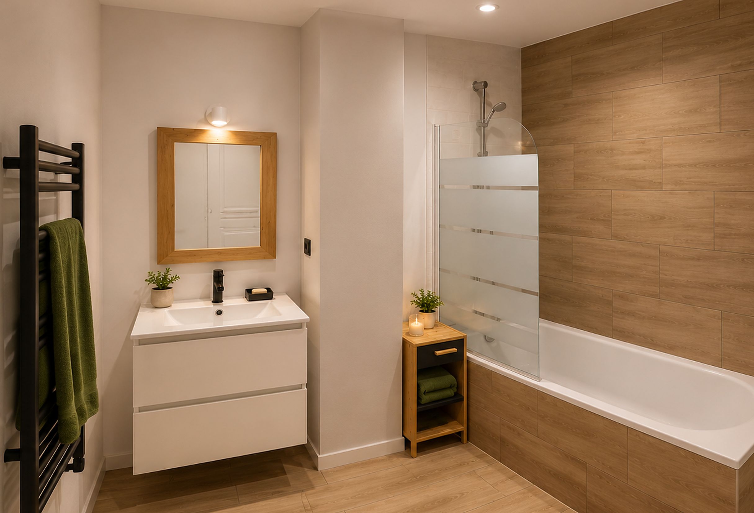 Un baño moderno con piso de madera, un lavabo blanco con espejo, toallero y ducha con puerta de vidrio.