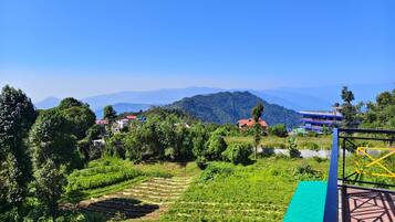 A rural landscape with terraced fields, a clear blue sky, and scattered buildings.