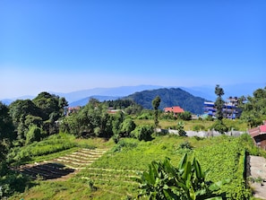 Paisaje rural con campos en terrazas, algunos edificios y montañas al fondo.