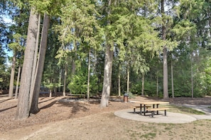A park with several picnic tables and benches, surrounded by tall trees. - 3BR Beaverton Home, Extended Retreat! (Beaverton)
