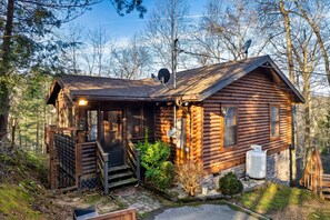 Eine Holzblockhütte mit Veranda, Satellitenschüssel und großem Propangasbehälter.