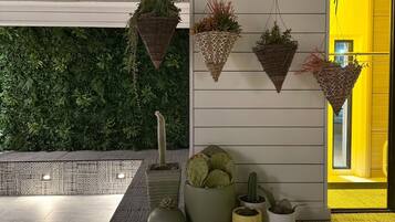 Un intérieur moderne agrémenté de pots de fleurs suspendus, d’un cactus et d’un mur à texture.