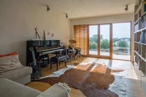 Un saló amb un piano, una guitarra, un conjunt de percussió i una catifa de pell de vaca.