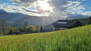 Une maison avec un toit en pente, entourée d’un champ de fleurs sauvages, avec des montagnes en arrière-plan.