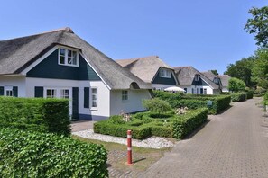 A row of traditional houses with thatched roofs, neatly arranged along a paved path with trimmed hedges. - Hoeve Duinzicht Burghduin 5 (Burgh-Haamstede)