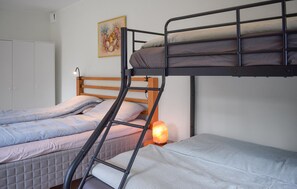 A bunk bed with a ladder, a bedside lamp, and a painting on the wall. - 1 bedroom awesome home in Hörby (Hörby)