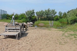 Une zone sablonneue avec des structures en bois et un petit plan d’eau.