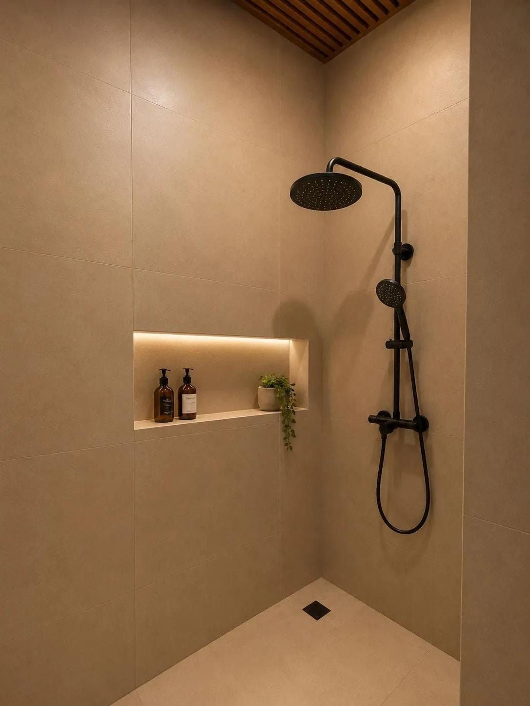 A modern shower with a handheld showerhead and a wall-mounted rain showerhead.