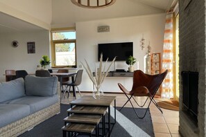 A living room with a sofa, a coffee table, a TV, and a fireplace. - Holiday home with 1 bedroom (Julianadorp)