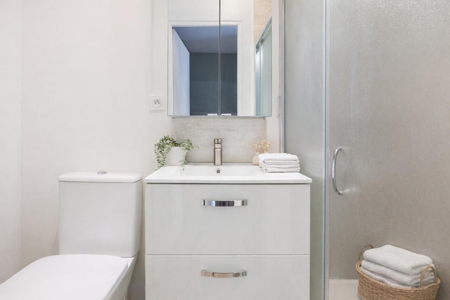 Une salle de bain moderne avec des toilettes, un lavabo et un miroir. On y trouve un porte-serviettes avec des serviettes pliées et une petite plante posée sur le lavabo.