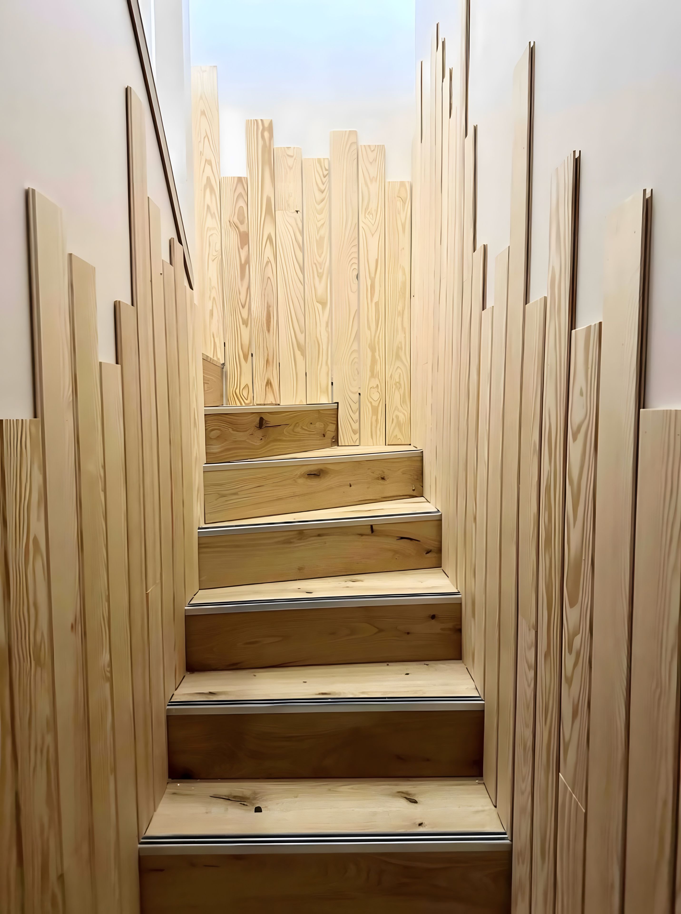 A wooden staircase with a view of the sky at the top.