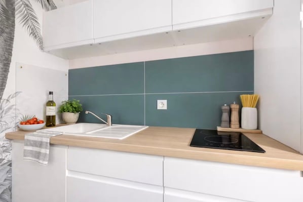 Cocina de diseño moderno, con un lavamanos, una estufa y una encimera con una planta en maceta y utensilios de cocina.