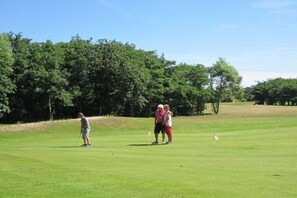 A golf course with a putting green, trees in the background, and a clear sky. - Holiday home with 3 bedrooms (Julianadorp)