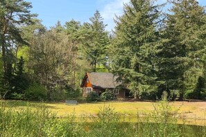Una cabana envoltada per un bosc dens, una banca al primer pla i un petit cos d'aigua a prop.