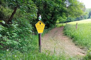 Ein gelbes Schild mit Text und Eule-Symbol, neben einem von Grünpflanzen gesäumten Feldweg.