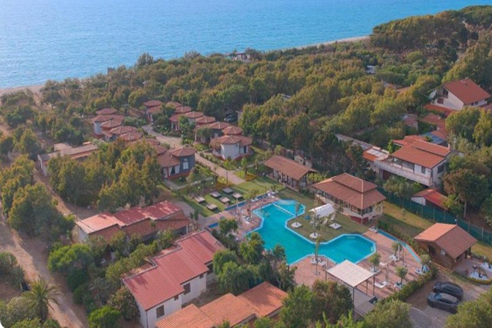 Vista aérea de una zona residencial con casas, una piscina y una costa.