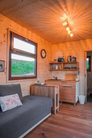 A cozy cabin interior with a sofa, a small kitchen area, and a window with a view of greenery.