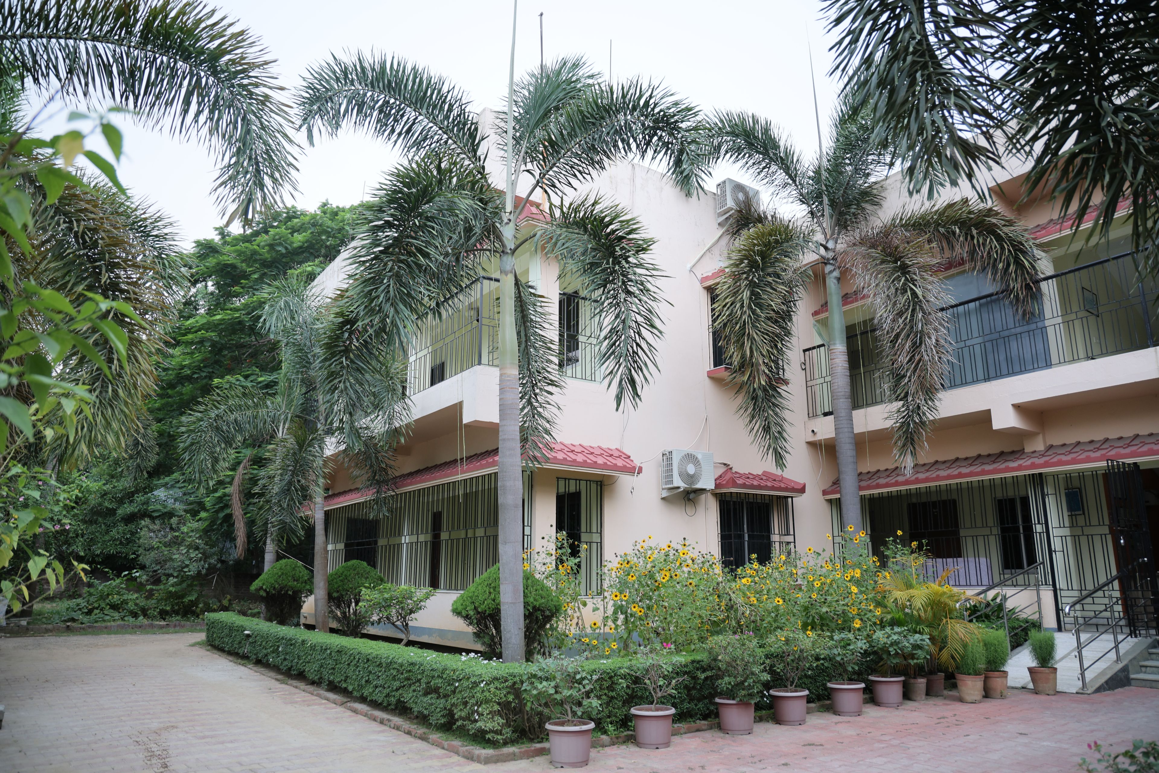 A multi-story residential building with balconies, surrounded by lush greenery and potted plants.