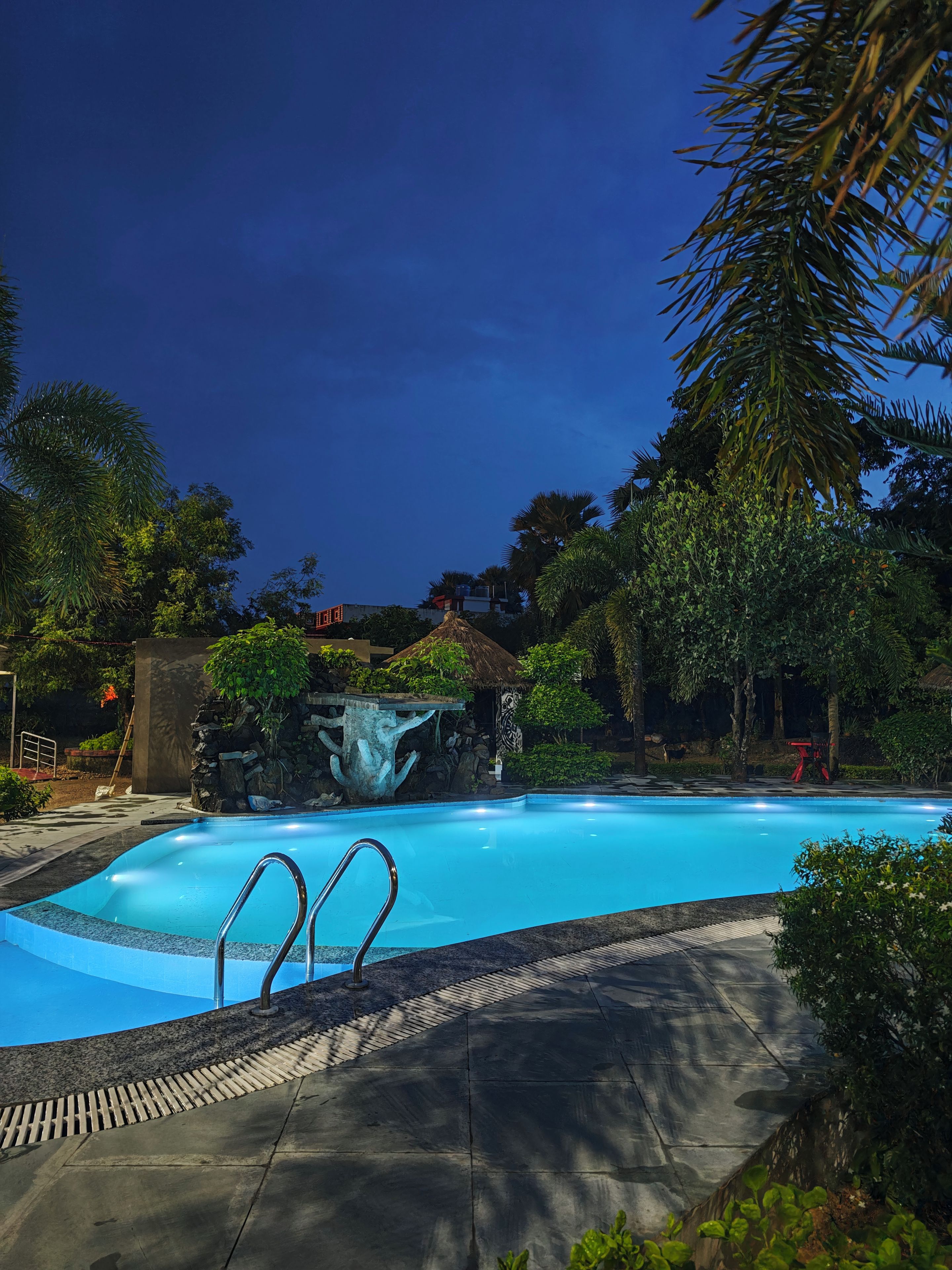 A swimming pool with a waterfall feature, surrounded by tropical vegetation and a stone wall.