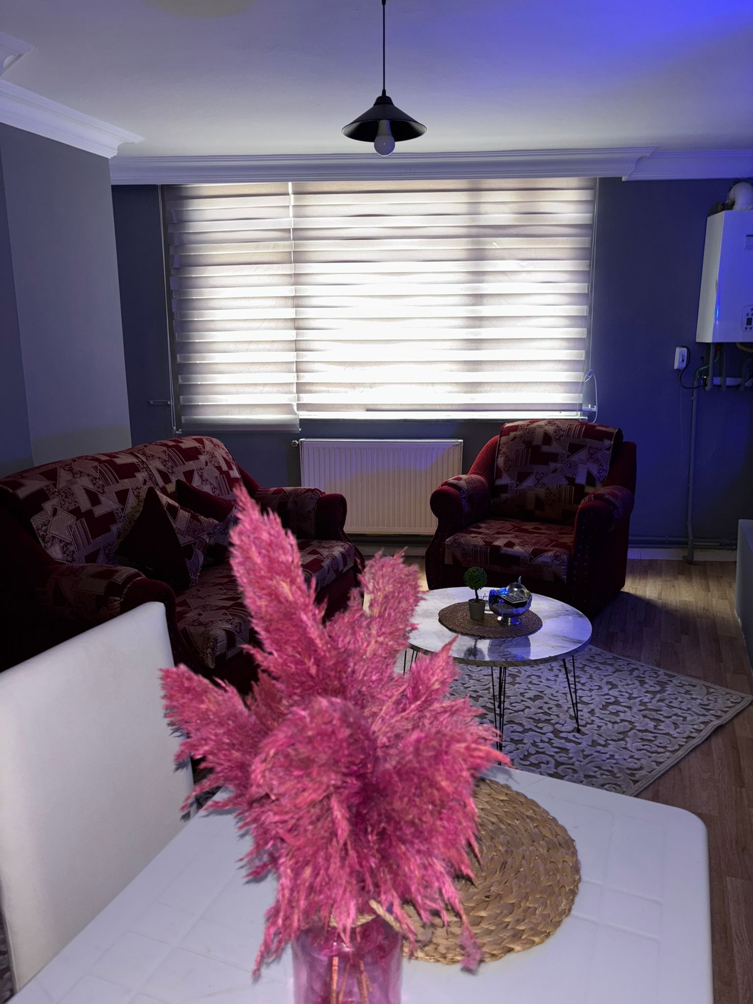 Uma sala de estar com sofá, poltrona, mesa de centro e plantas decorativas.