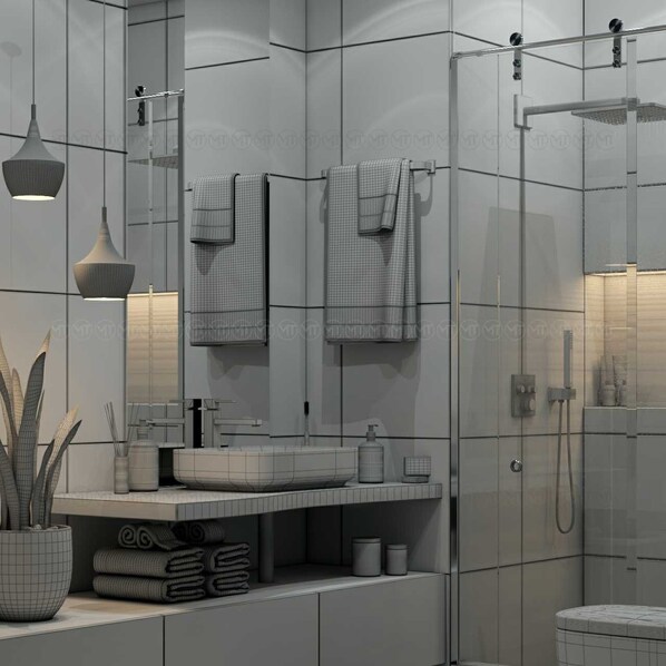 A modern bathroom with a large mirror, a sink, and a shower area. - Test Onboarding Property - 13 (Konak)