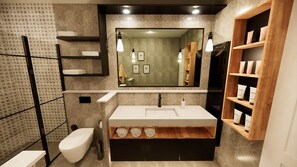 A modern bathroom with a white sink, wooden shelves, a mirror, and a toilet. - Test Onboarding Property - 13 (Konak)