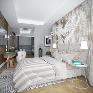 A modern bedroom with a large bed, bedside tables, a mirror, and a view into the adjacent bathroom. - Test Onboarding Property - 13 (Konak)